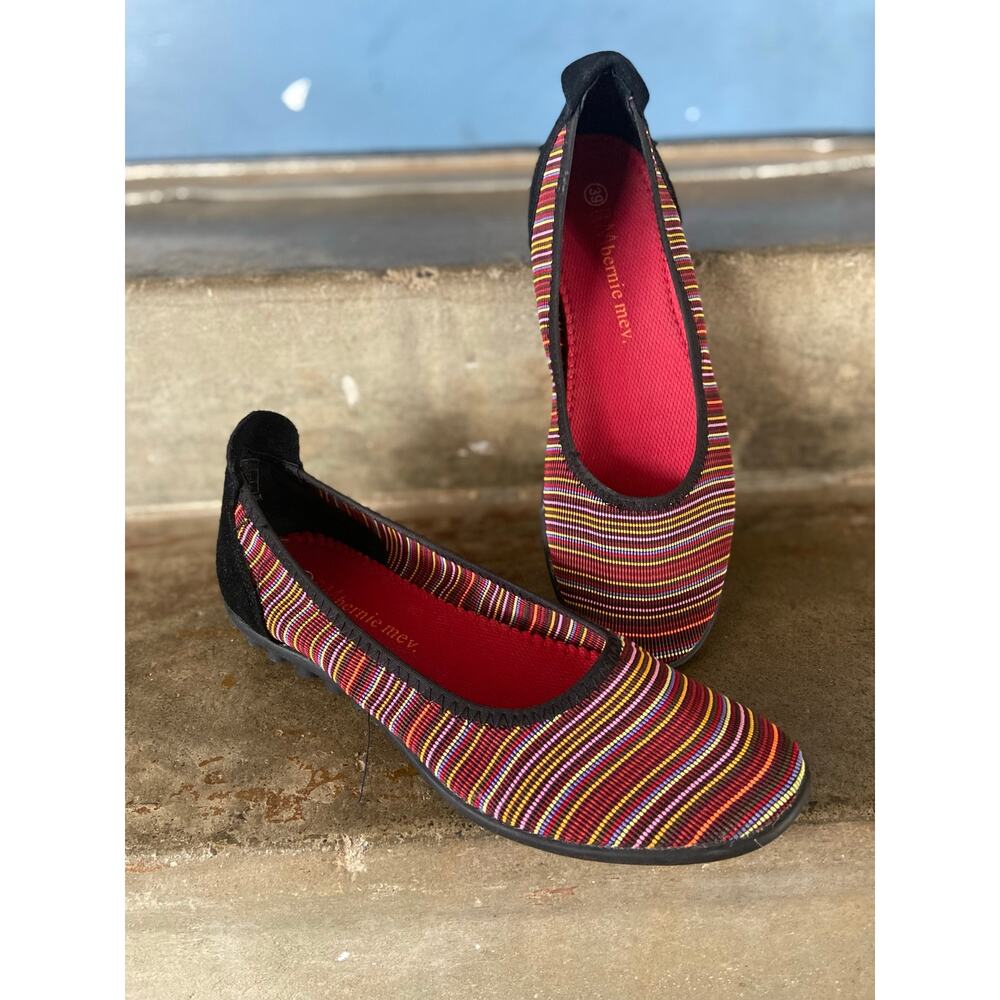 Bernie Mev red multi stripe knit ballet style flat shoe with traction sole